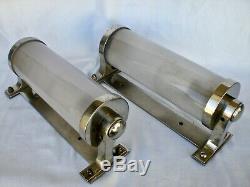 Pair Antique Old Vtg Deco Brass Nickle Glass Boat Ship Light Wall Sconce Lamp