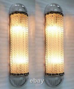 Pair Antique Vintage Art Deco Brass & Ribbed Glass Ship Light Wall Sconces Lamp