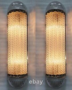 Pair Antique Vintage Art Deco Brass & Ribbed Glass Ship Light Wall Sconces Lamp
