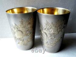 Pair Antique Vintage Soviet Russian Sterling Silver 875 Etched Wine Cups 100gr