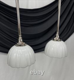 Pair Antique Vtg Art Deco Victorian Pendant Lights White Glass Rib Silver Nickel