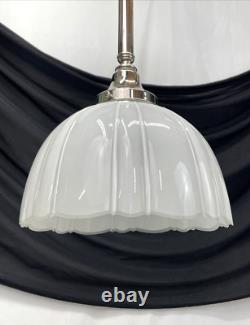 Pair Antique Vtg Art Deco Victorian Pendant Lights White Glass Rib Silver Nickel