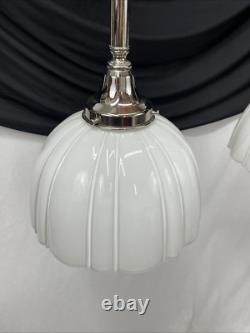 Pair Antique Vtg Art Deco Victorian Pendant Lights White Glass Rib Silver Nickel