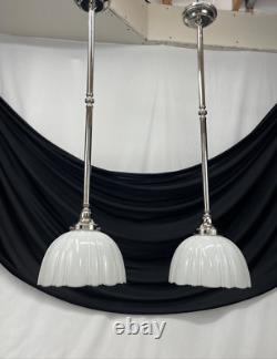 Pair Antique Vtg Art Deco Victorian Pendant Lights White Glass Rib Silver Nickel