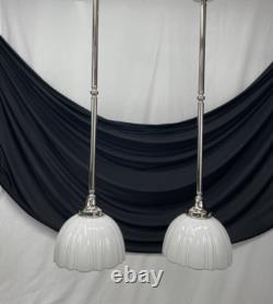 Pair Antique Vtg Art Deco Victorian Pendant Lights White Glass Rib Silver Nickel