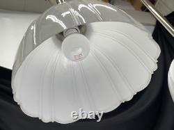 Pair Antique Vtg Art Deco Victorian Pendant Lights White Glass Rib Silver Nickel