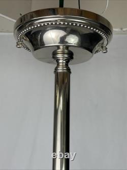 Pair Antique Vtg Art Deco Victorian Pendant Lights White Glass Rib Silver Nickel