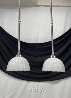 Pair Antique Vtg Art Deco Victorian Pendant Lights White Glass Rib Silver Nickel