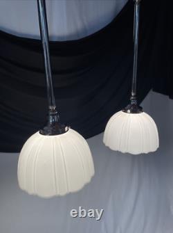Pair Antique Vtg Art Deco Victorian Pendant Lights White Glass Rib Silver Nickel