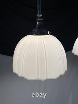 Pair Antique Vtg Art Deco Victorian Pendant Lights White Glass Rib Silver Nickel