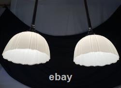 Pair Antique Vtg Art Deco Victorian Pendant Lights White Glass Rib Silver Nickel
