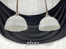 Pair Antique Vtg Art Deco Victorian Pendant Lights White Glass Rib Silver Nickel