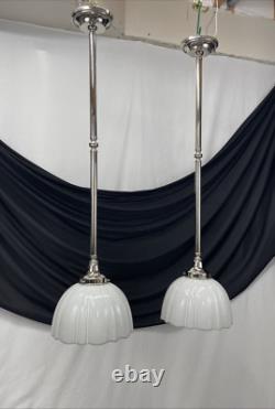 Pair Antique Vtg Art Deco Victorian Pendant Lights White Glass Rib Silver Nickel