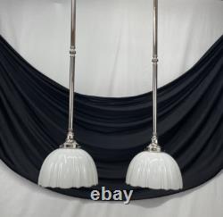 Pair Antique Vtg Art Deco Victorian Pendant Lights White Glass Rib Silver Nickel
