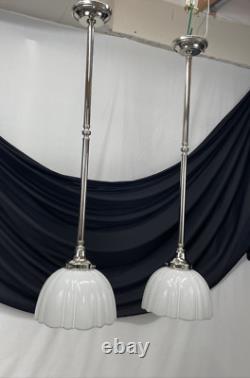 Pair Antique Vtg Art Deco Victorian Pendant Lights White Glass Rib Silver Nickel