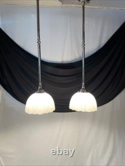 Pair Antique Vtg Art Deco Victorian Pendant Lights White Glass Rib Silver Nickel