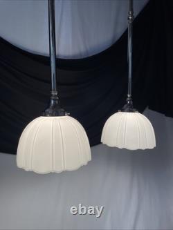 Pair Antique Vtg Art Deco Victorian Pendant Lights White Glass Rib Silver Nickel