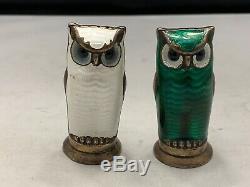 Pair David Andersen Owl Salt And Pepper Shakers Silver Enamel Norway Vintage