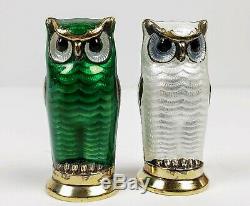 Pair David Andersen Owl Salt And Pepper Shakers Silver Enamel Norway Vintage