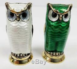 Pair David Andersen Owl Salt And Pepper Shakers Silver Enamel Norway Vintage