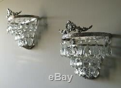 Pair FRENCH VINTAGE CHIC SILVER GILT DEMI LUNE glass CRYSTAL WALL LIGHTS