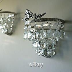 Pair FRENCH VINTAGE CHIC SILVER GILT DEMI LUNE glass CRYSTAL WALL LIGHTS