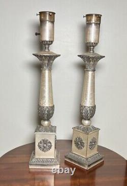 Pair Lamps Antique Vtg Regency Neoclassical Silver Plated 25.5 Needs Rewired