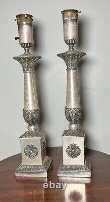 Pair Lamps Antique Vtg Regency Neoclassical Silver Plated 25.5 Needs Rewired