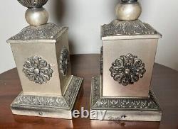 Pair Lamps Antique Vtg Regency Neoclassical Silver Plated 25.5 Needs Rewired