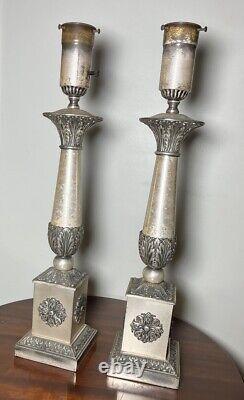 Pair Lamps Antique Vtg Regency Neoclassical Silver Plated 25.5 Needs Rewired