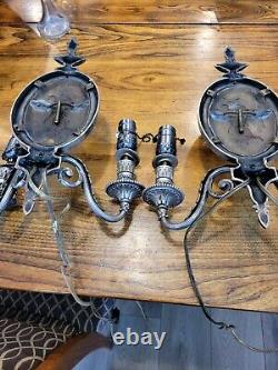 Pair Large Vintage Bradley and Hubbard Double Electric Wall Sconces signed