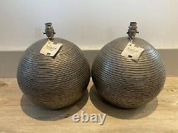 Pair Large Vintage Habitat Indian Ribbed Pewter Table Lamps 2 Round Sphere Ball