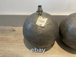 Pair Large Vintage Habitat Indian Ribbed Pewter Table Lamps 2 Round Sphere Ball