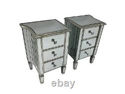 Pair Mirrored Bedside Tables Glass Cabinet Nightstand Bedroom Storage 3 Drawers