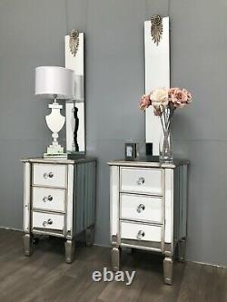 Pair Mirrored Bedside Tables Glass Cabinet Nightstand Bedroom Storage 3 Drawers