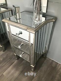 Pair Mirrored Bedside Tables Glass Cabinet Nightstand Bedroom Storage 3 Drawers