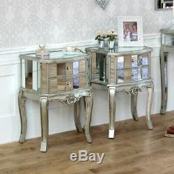 Pair Mirrored Venetian bedside cabinet lamp table bedroom furniture silver glass