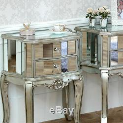 Pair Mirrored Venetian bedside cabinet lamp table bedroom furniture silver glass