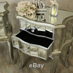 Pair Mirrored Venetian bedside cabinet lamp table bedroom furniture silver glass