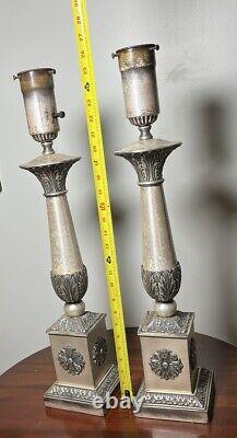 Pair Nice Heavy Lamps Antique Vtg Regency Neoclassical Silver Plated 25.5 Tal