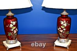 Pair Of 23 Japanese Vintage Cloisonne Vase Lamps Cherry Red All New Parts