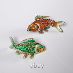 Pair Of (2) Vintage Chinese Export Articulated Enamel & Silver Koi Fish Pendants