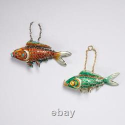 Pair Of (2) Vintage Chinese Export Articulated Enamel & Silver Koi Fish Pendants