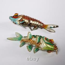 Pair Of (2) Vintage Chinese Export Articulated Enamel & Silver Koi Fish Pendants