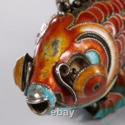 Pair Of (2) Vintage Chinese Export Articulated Enamel & Silver Koi Fish Pendants