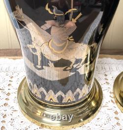 Pair Of Black Vintage Asian Ceramic Painted Table Lamps Silver & Gold Tones