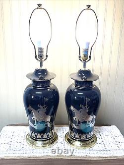 Pair Of Black Vintage Asian Ceramic Painted Table Lamps Silver & Gold Tones