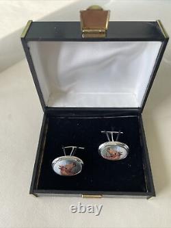 Pair Of Boxed Vintage Sterling Silver & Enamel Cufflinks + Racehorse Cartouches
