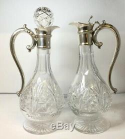 Pair Of Large Vintage Silver Or Silver Plated Cut Glass Claret Jugs, Quality