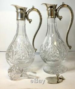 Pair Of Large Vintage Silver Or Silver Plated Cut Glass Claret Jugs, Quality